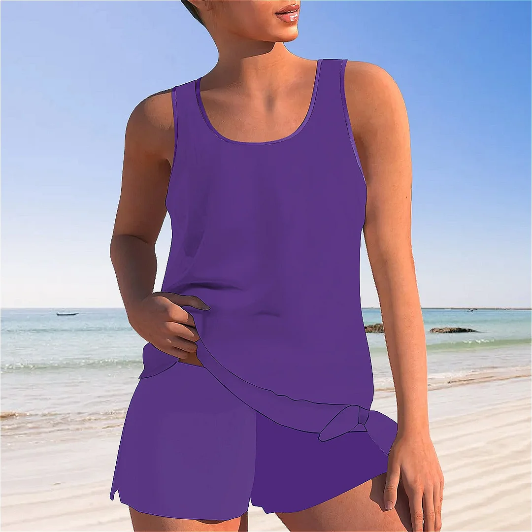 Bowknot Solid Color Mid Waisted Tankini Set - Plus Size Available