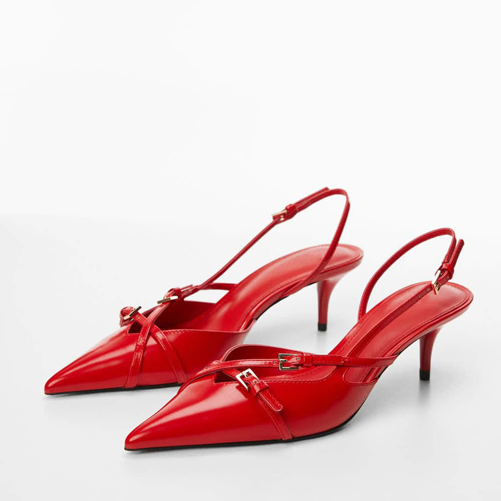 Red Pointed Toe Kitten Heel Slingback Pumps with Buckled Strap Nicepairs