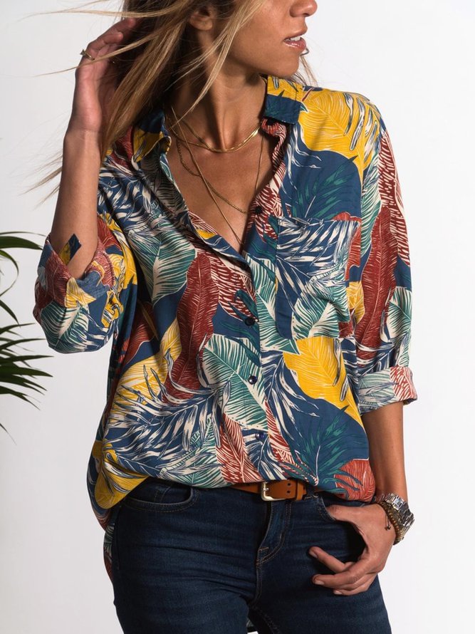Blouses Multicolor Leaf Pockets Shirt Collar Vintage Blouses Zaesvini