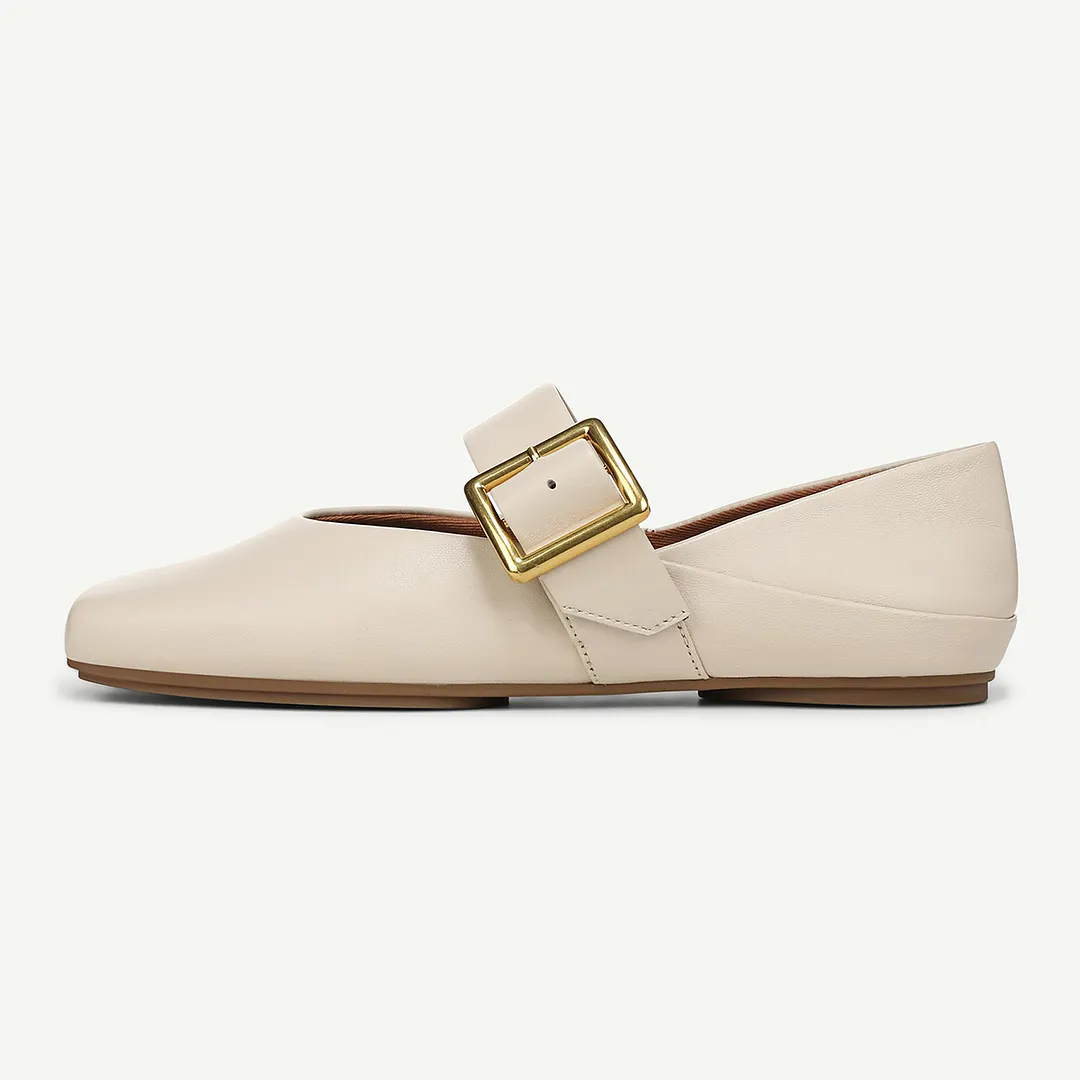 Square Toe Flat Casual Buckle Mary Jane Shoes for Women in Ivory