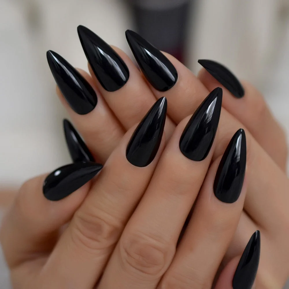EchiQ Office Nails Stiletto Sharp Nails Medium-Long Simple Design Black Color Reuseable Fingernails Wholesale Flase Nails-Nail Inspo