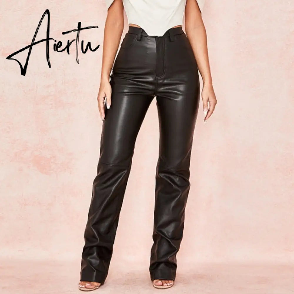 Vintage High Waist Button Pocket Straight Loose Legs Women's Trousers Autumn PU Faux Leather Elegant Female Pants Aiertu
