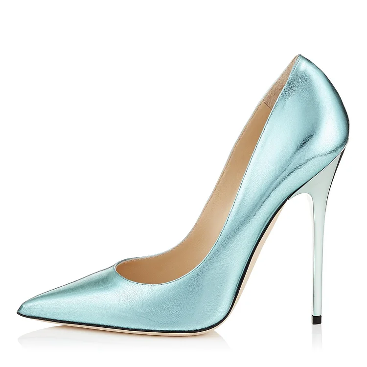Light Blue Stiletto Heels Dress Shoes Mirror Leather Pointy Toe Pumps |FSJ Shoes