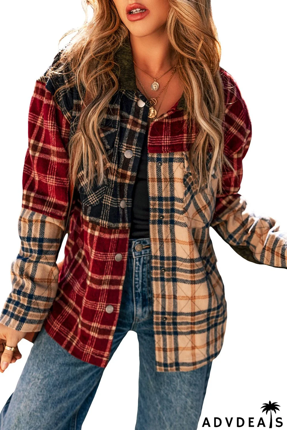Red Mixed Plaid Patchwork Retro Shacket