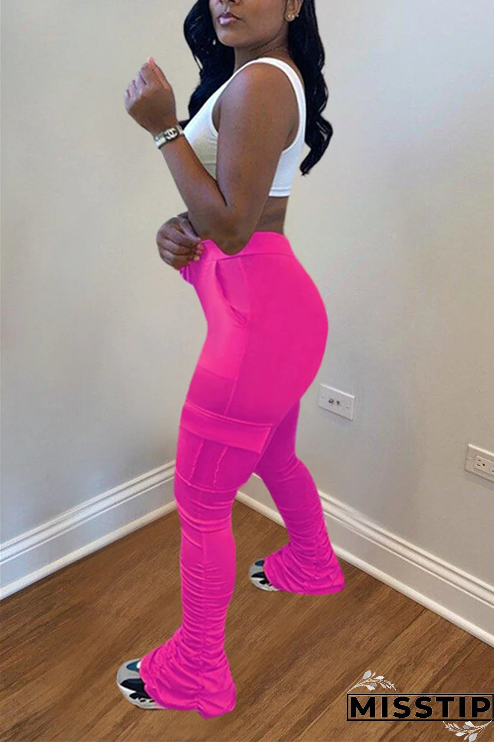 Fluorescent green Drawstring High Solid Pocket Draped Boot Cut Pants Bottoms