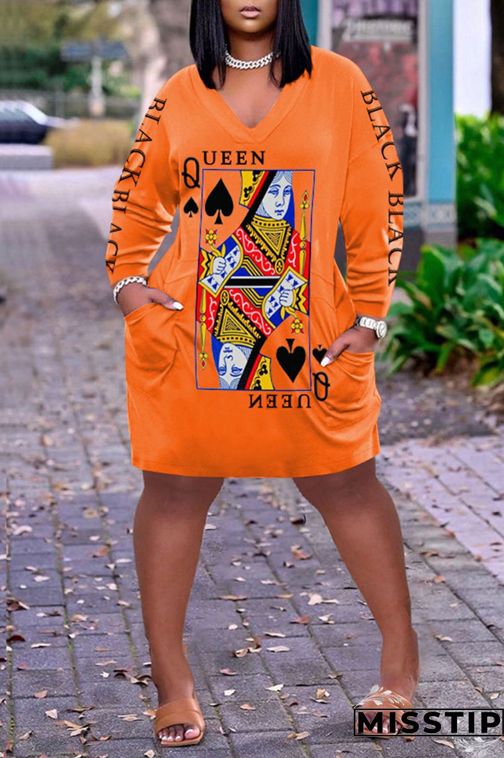 Dark Brown Casual Print Patchwork V Neck Long Sleeve Dresses