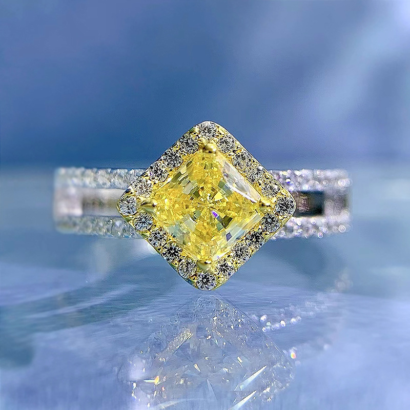 MIKAMU Jewelry Luxurious S925 Silver Ring with 50-Point Yellow Diamond - Deluxe Full Diamond Surround Ring for Women