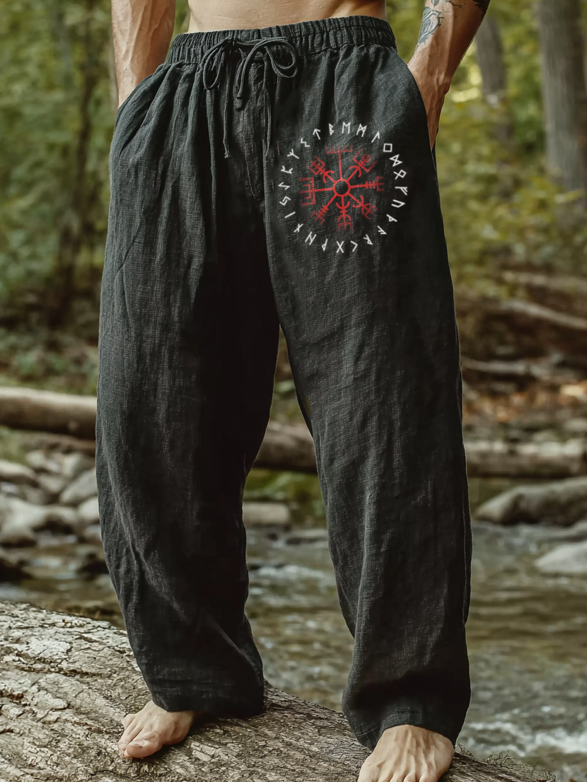 Men's Viking Raven Tribal Rune Totem Retro Nordic Casual Linen Pants / Rvogue / Rvogue
