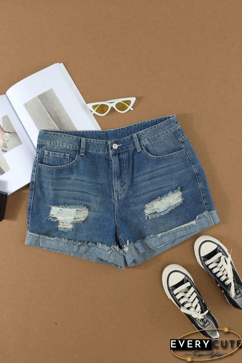 Women's Distressed Ripped Rolled Hem Blue Denim Shorts