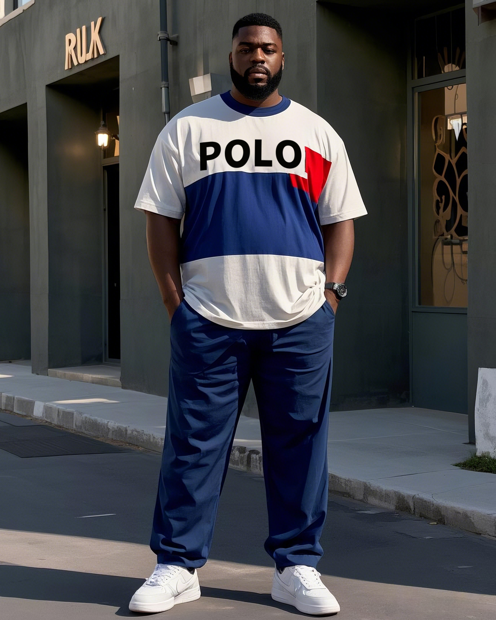 Plus Size Men's Simple Blue And Red Striped POLO Letter Printing Casual Short Sleeve T-shirt Pants Suit