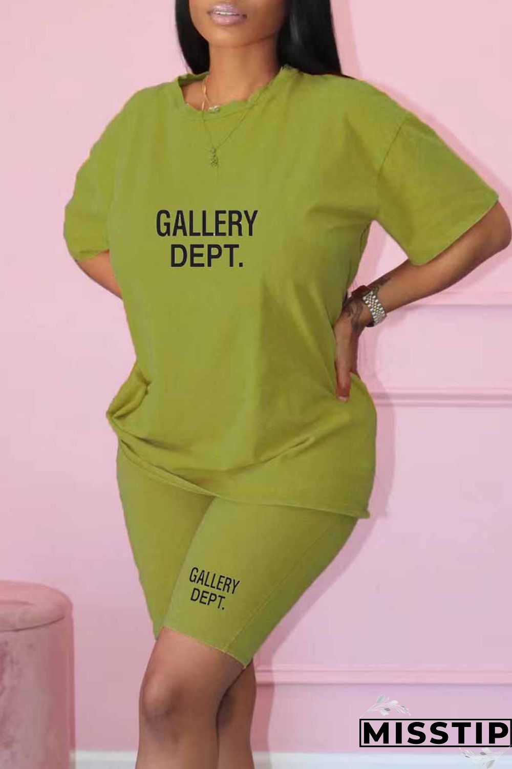 Black Casual Print Letter O Neck Short Sleeve Two Pieces