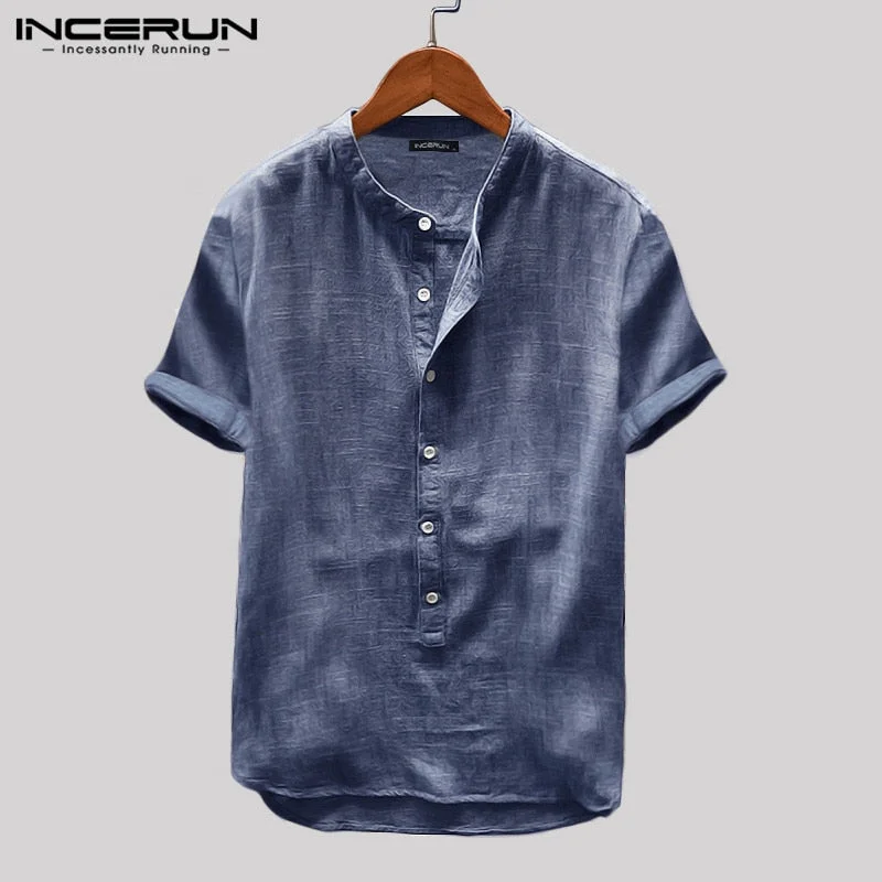 INCERUN 2021 Breathable Mens Shirt Button Up Loose Short Sleeve Solid Color Pullovers Harajuku Vintage Casual Shirt Men Camisa