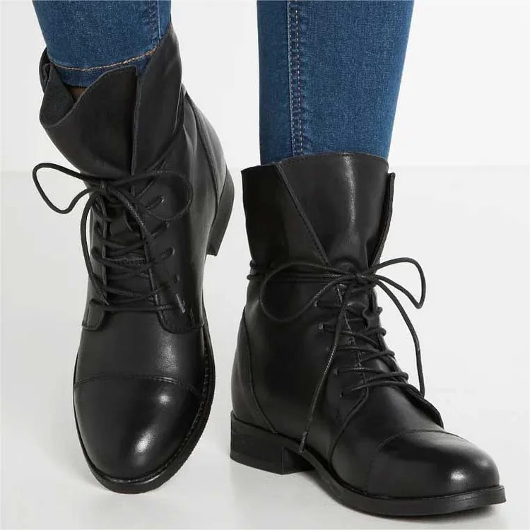 Custom Made Black Round Toe Lace up Short Boots |FSJ Shoes