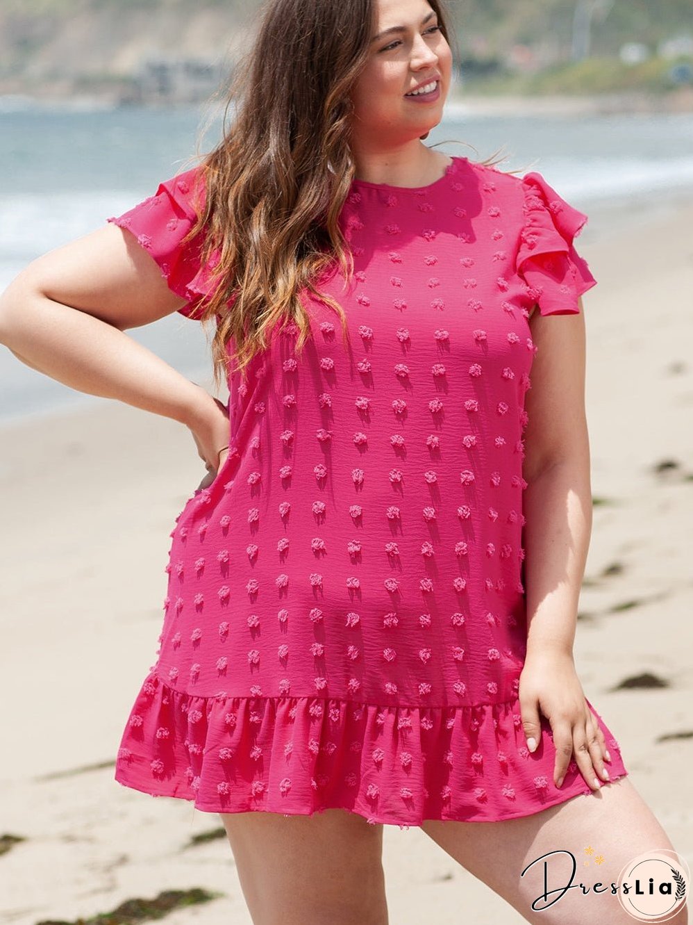 Strawberry Pink Jacquard Ruffle Sleeve Plus Size Mini Dress