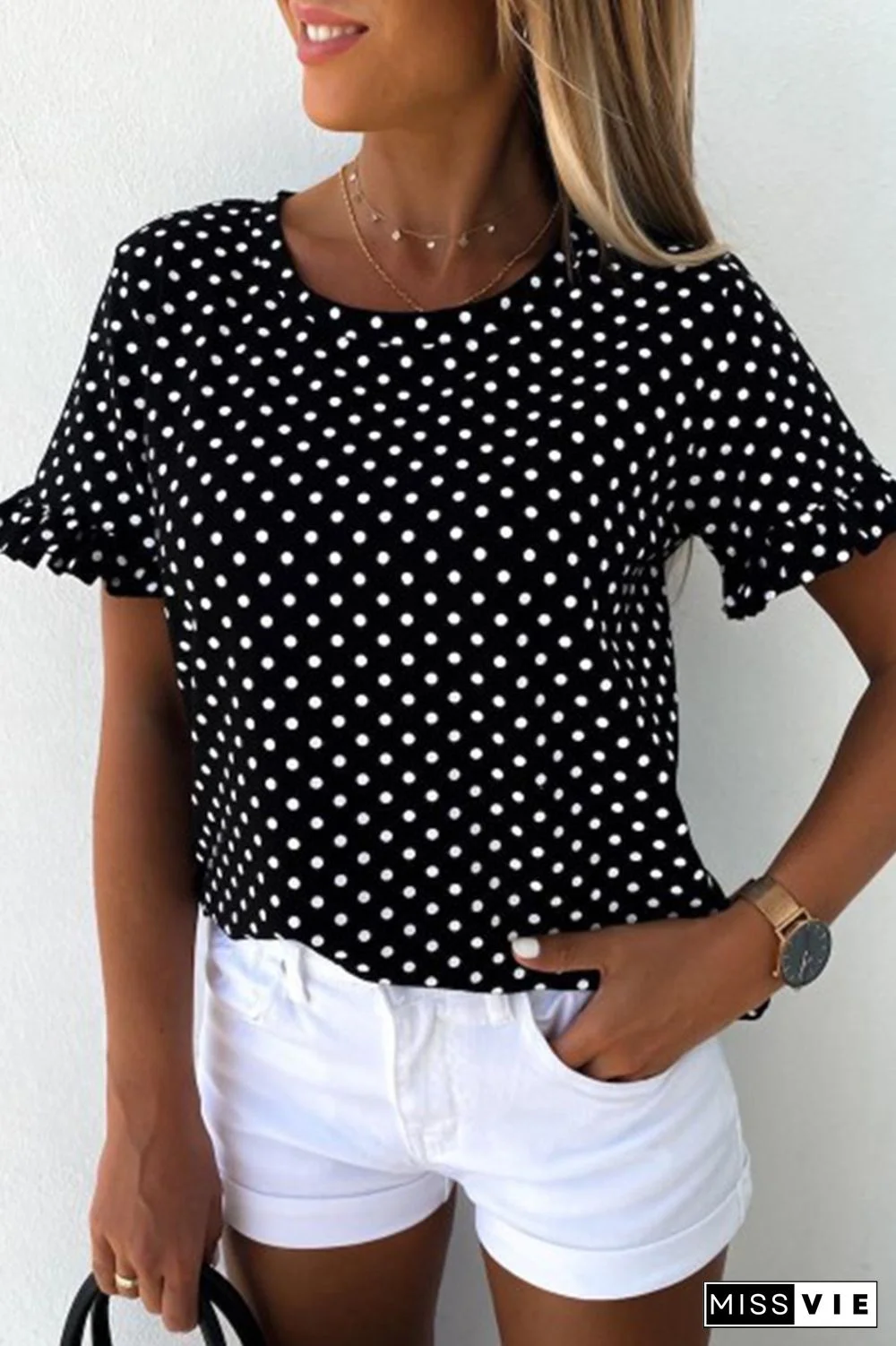 Casual Polka Dot Split Joint O Neck Tops