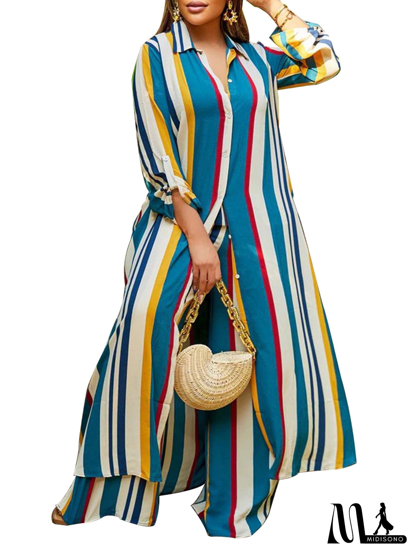 MidiSono - Women Fashion Loose Stripe Printed Long-Sleeved Top Wide-Leg Pants Plus Size Two-Piece Set