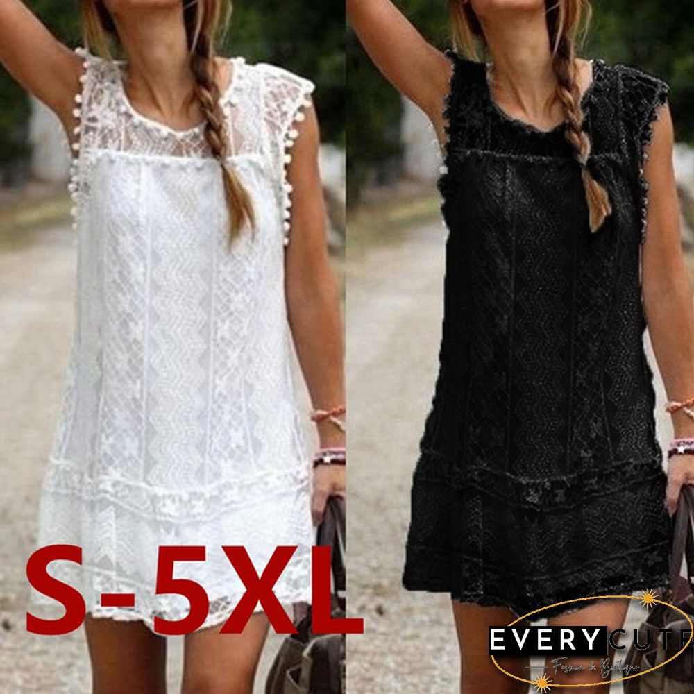 (S-5XL)Fashion Summer Dress Women Casual Sleeveless Short Dress Tassel Solid White Mini Lace Dress Plus Size