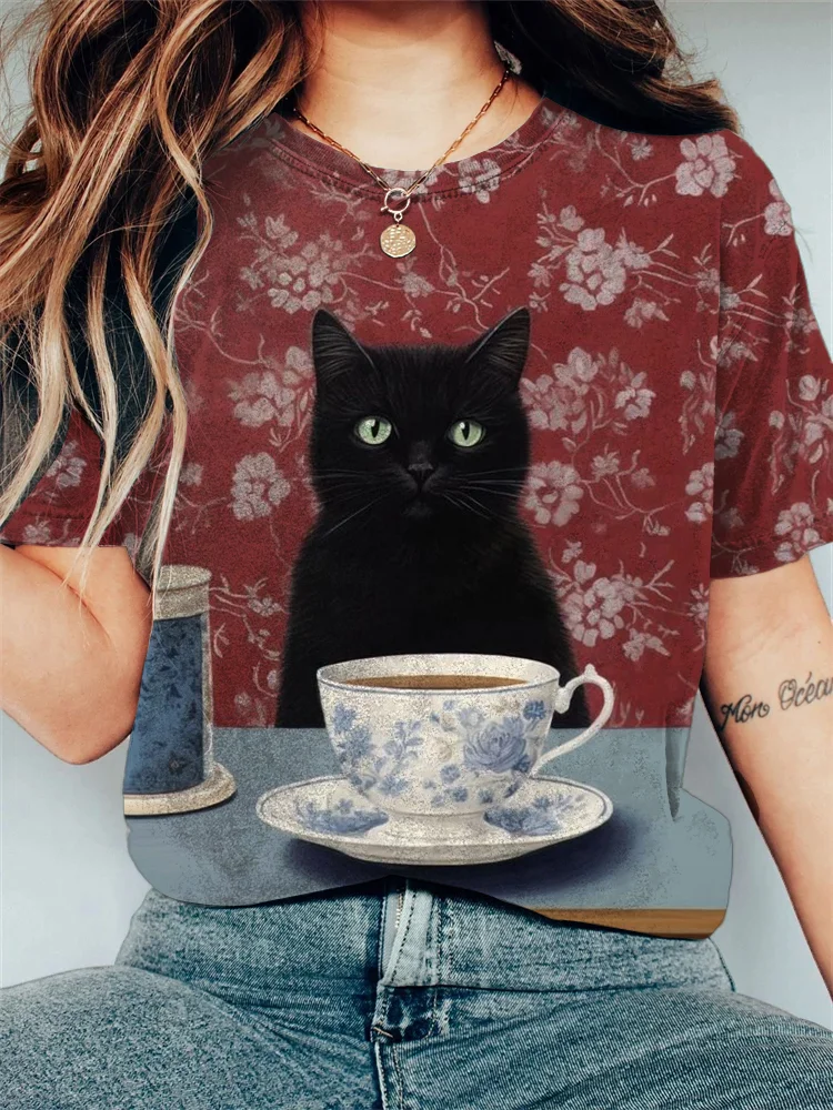 Women's Black Cat Chilling Coffee Pattern Art Casual T-Shirt