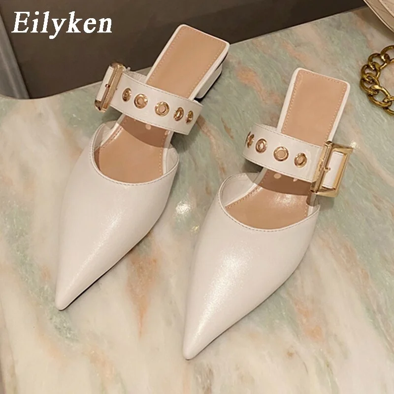 2022 Spring New Rivet Women Slipper Fashion Pointed Toe Slip On Mules Shoes Low Heel Ladies Outdoor Slides