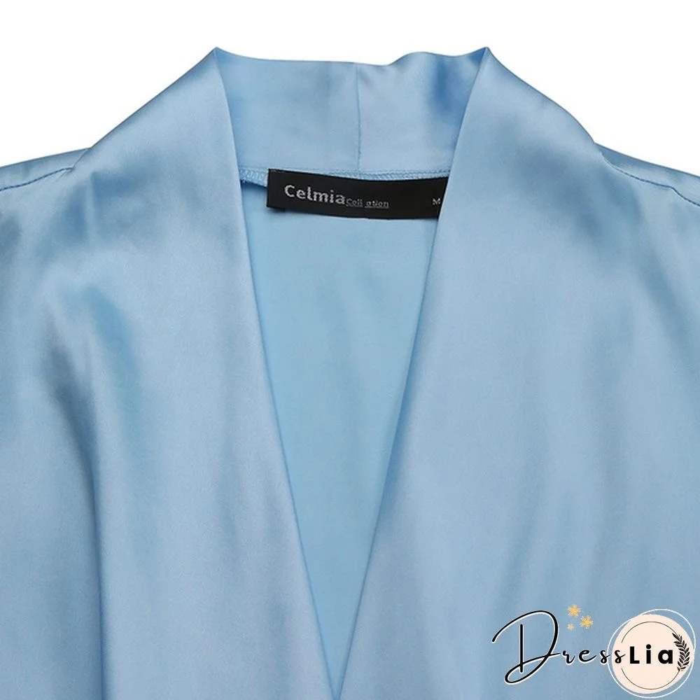 Women Long Sleeve Wrap Blouse Satin Silk V Neck Casual Elegant Shirt Plus Size Tops