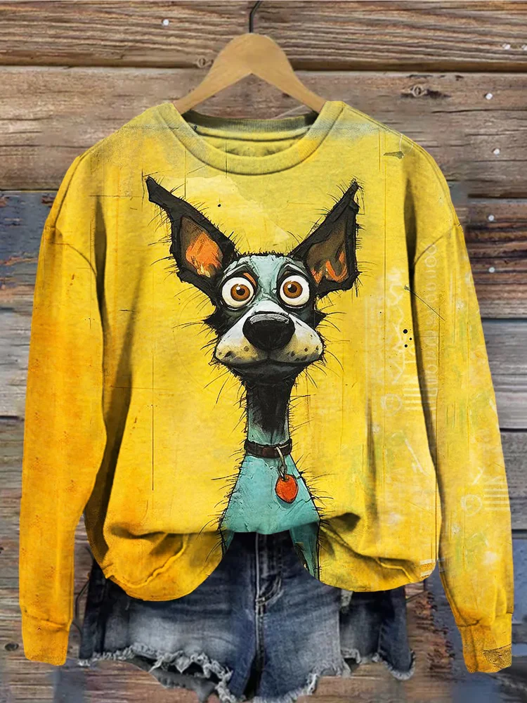 VChics Cute Dog Painting Art Vintage Comfy Sweatshirt