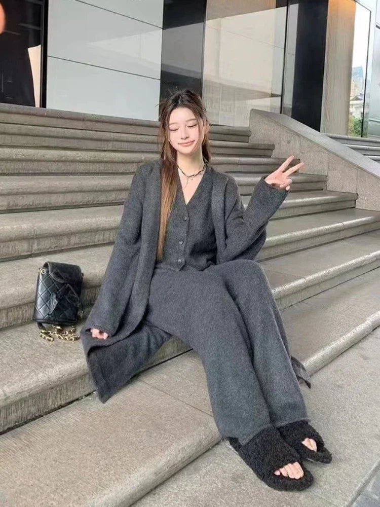 Aiertu Winter French Knitted Suits 3 Piece Set Women Casual Long Cardigan + Vintage Vest + Office Lady Long Pants Korean Fashion Aiertu