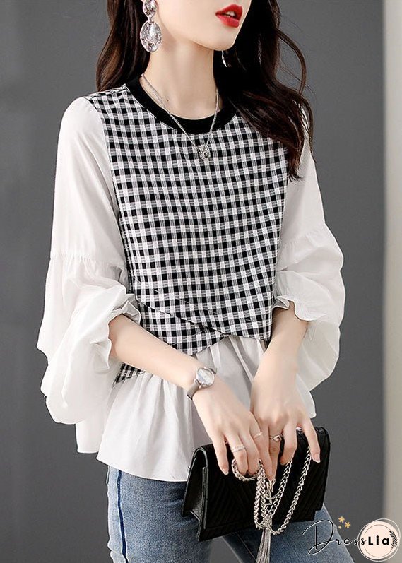 Women White O Neck Plaid Patchwork False Two Pieces Cotton Top Spring