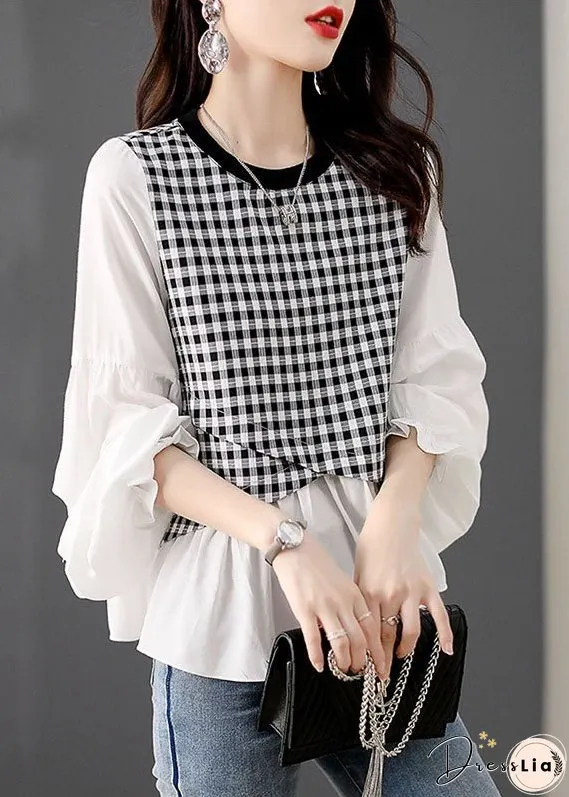 Women White O Neck Plaid Patchwork False Two Pieces Cotton Top Spring