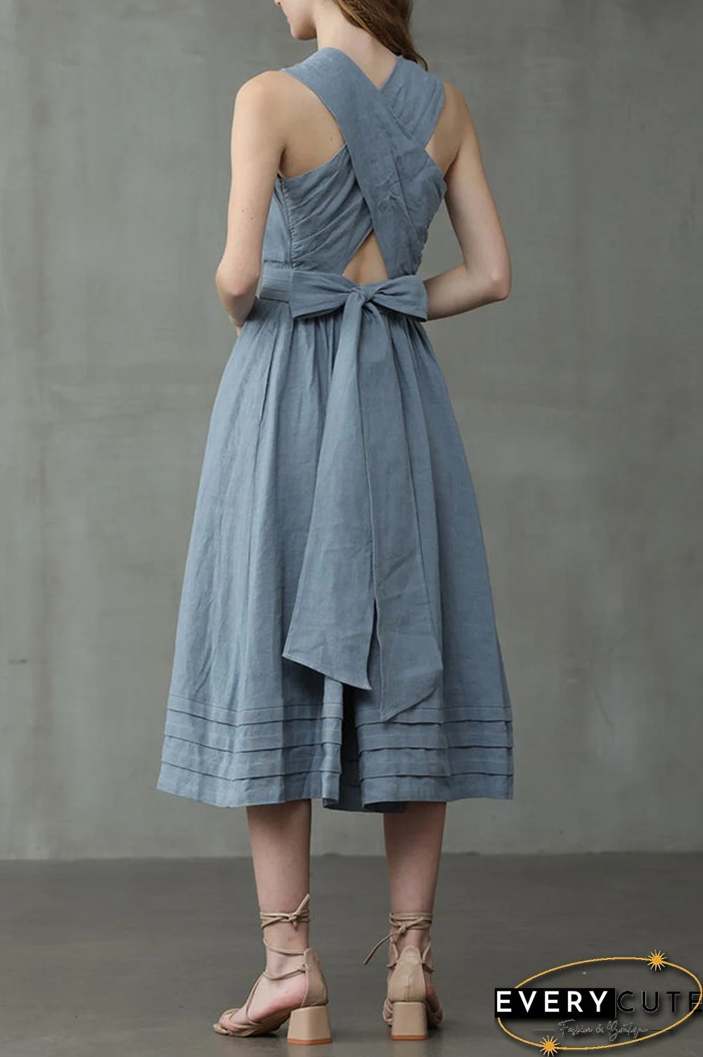 Cross Back O Neck Maxi Linen Dress