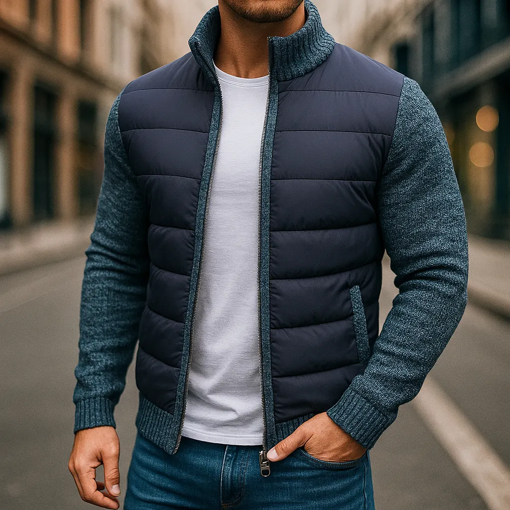 Men's Hybrid Quilted Jacket &ndash; Knit-Sleeve Lightweight Layer &ndash; Light Grey