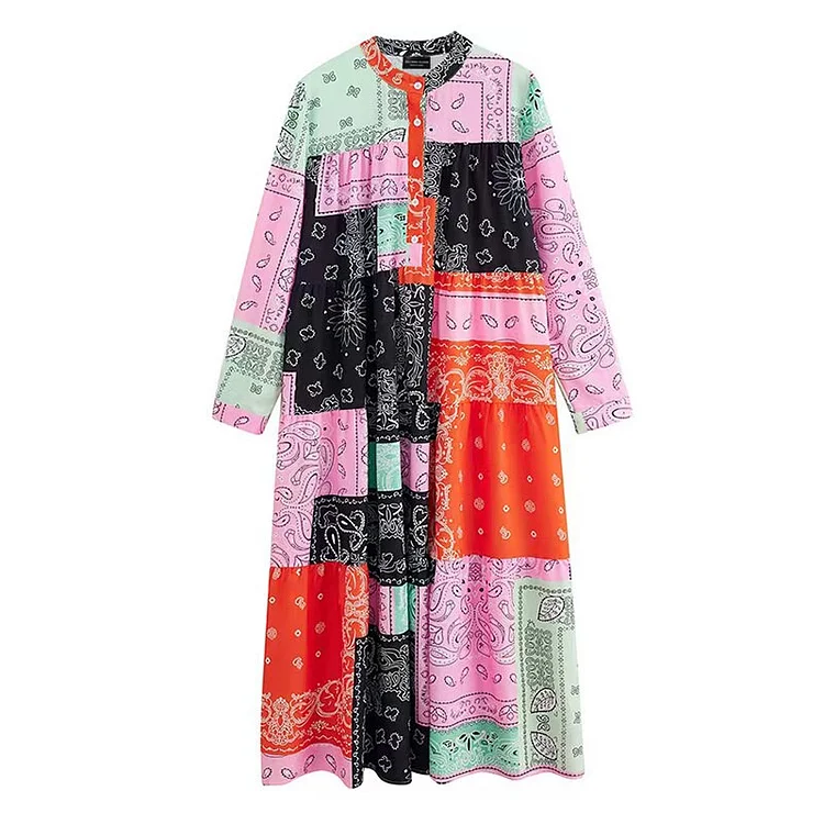 Vintage Loose Multi Colorblock Printed Long Sleeve Mid-calf Dress