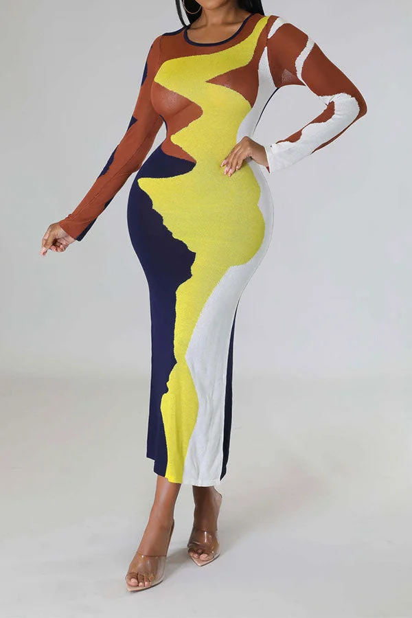 Abstract Print Flattering Bodycon Midi Dress