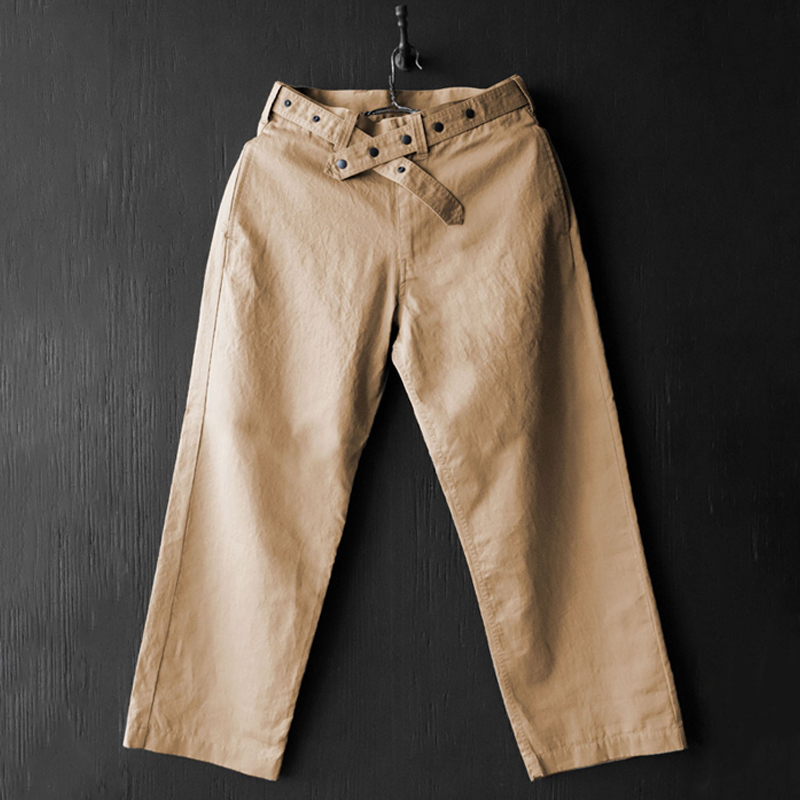 Men's Cotton and Linen Belt Motorcycle Khaki Pants