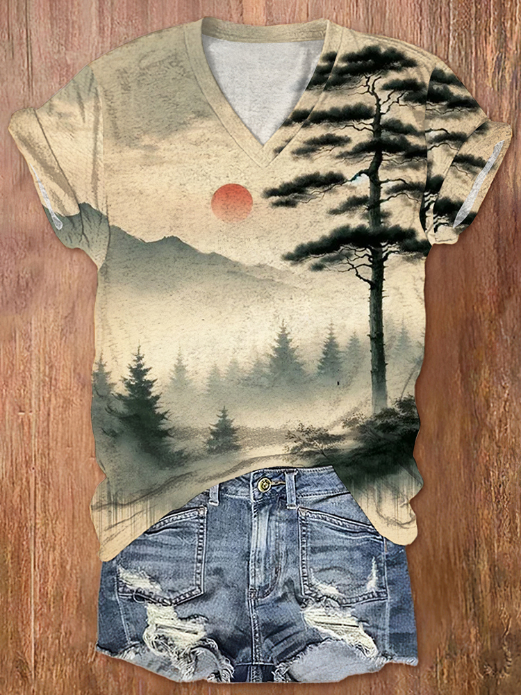 Comstylish Women's Serene Sunrise Over Misty Mountains Japanese Art Print Casual T-Shirt