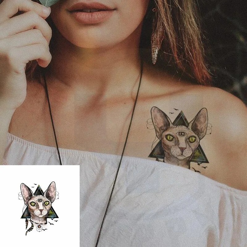 Sphinx Cat Head Tattoo Sticker Animal Pattern Design Waterproof Temporary Woman Personality Art Color Flower Arm Tattoo Sticker