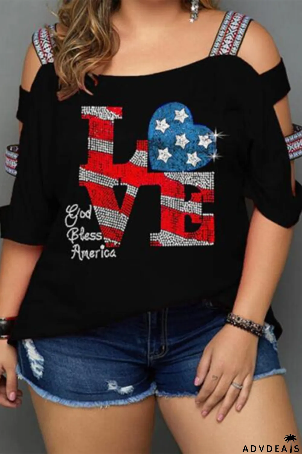 Black Fashion Casual Print Hollowed Out O Neck Plus Size Tops