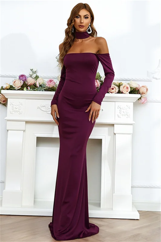 Classic Long Sleeves Purple Mermaid Evening Dress Off-the-Shoulder YE0165 - lulusllly