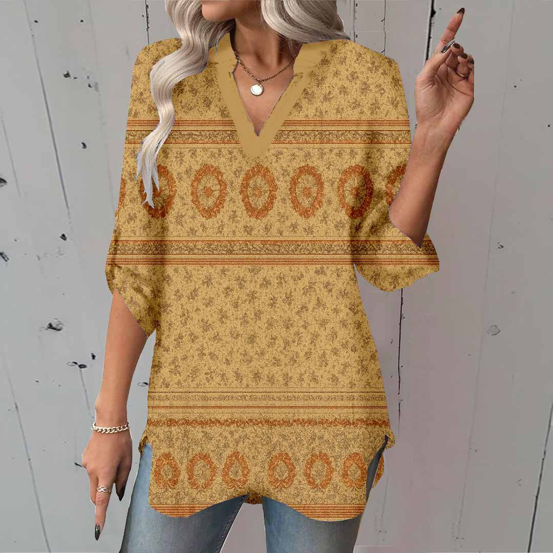 Women Retro, Khaki DZGA0335 3/4 Sleeve V-neck Printed Graphic Button Tops