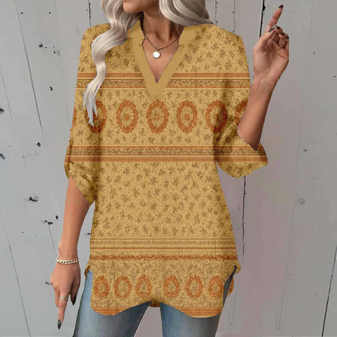 Women Retro, Khaki DZGA0335 3/4 Sleeve V-neck Printed Graphic Button Tops