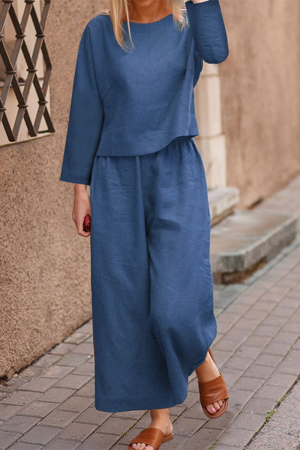 Plus Size Casual Navy Blue Cotton And Linen Long Sleeve Wide Leg Two Piece Pant Suit 2024 - Flycurvy 