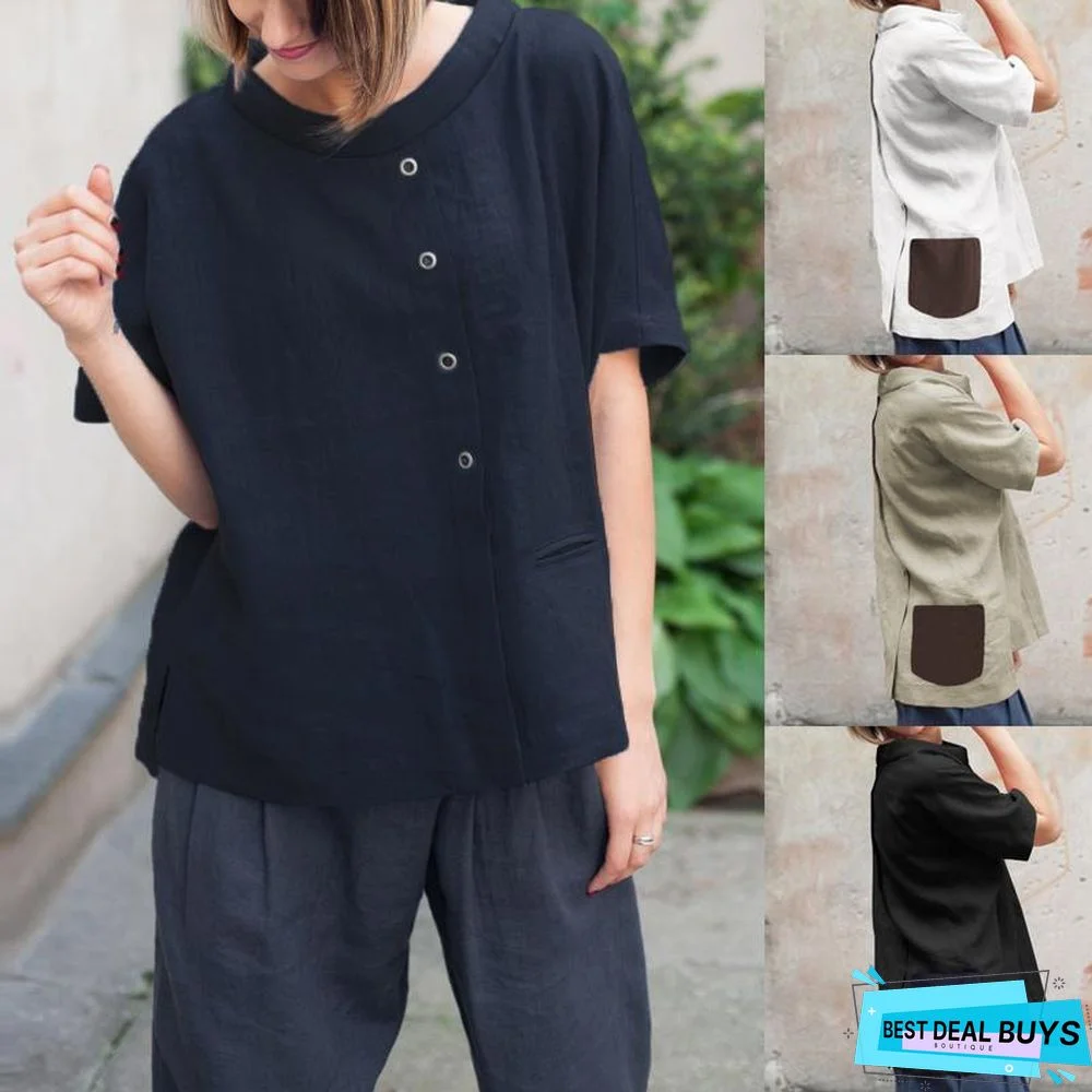 Oversized Vintage Cotton Tops Women Blouses Short Sleeve Buttons Casual Shirts Pockets Loose Tops