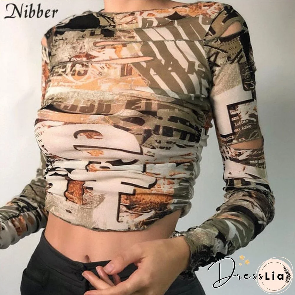Nibber Punk Y2K Hollow Out Crop Tops Gothic Street Tee Shirt For Women'S Casual Basic Tees Female Summer Long Sleeve Top