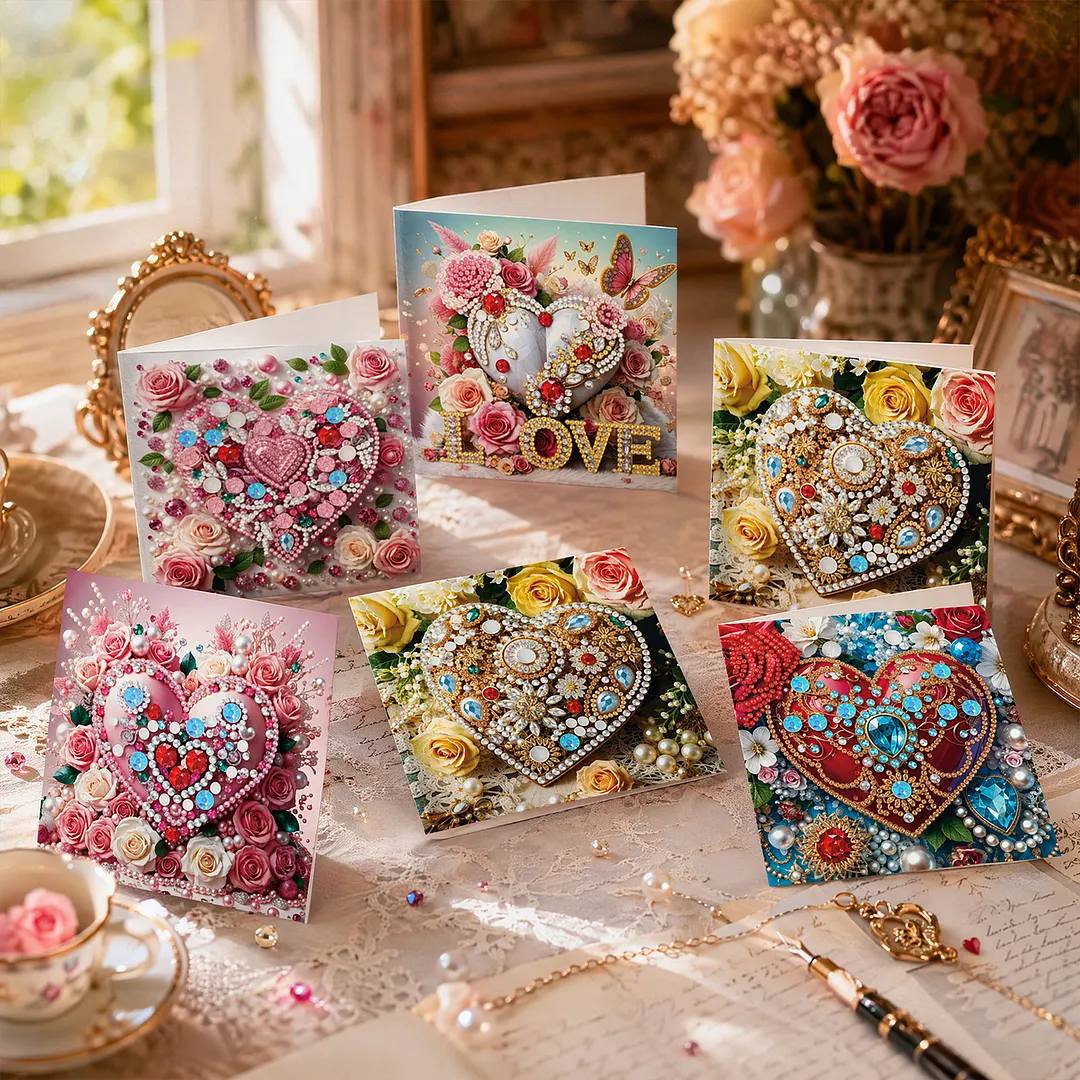 6pcs Dreamy Heart DIY Diamond Painting Greeting Card Kits with Envelopes Diamond Art Greeting Cards Diamond Art Cards Kits for Adults DIY Crafts Family Friend Gifts