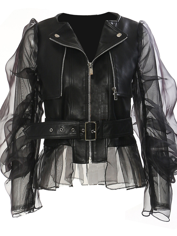 Stylish Patchwork Mesh See-through Leather Biker Jacket