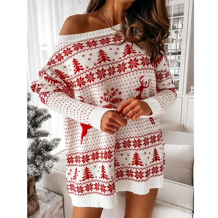 Mayoulove Sweater Dresses Christmas Printed Long Sleeve Loose Knitted Pullover Sweater-Mayoulove