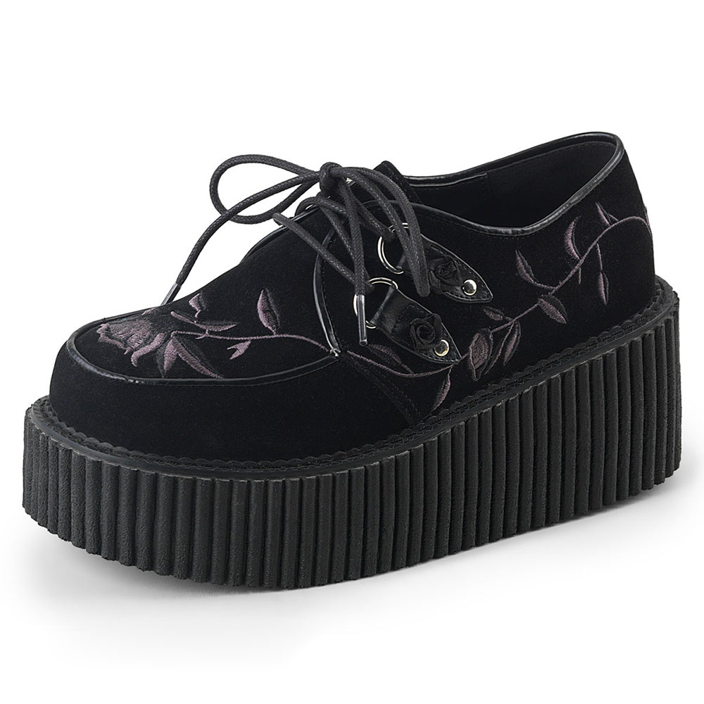 Black Floral Embroidered Closed-Toe Lace-Up Platform Shoes for Women Nicepairs