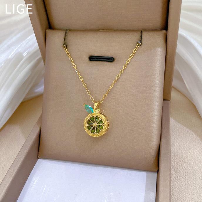 Fruit Lemon Gorgeous Full Diamond Necklace Women'S Versatile Clavicle Chain Titanium Steel Chain