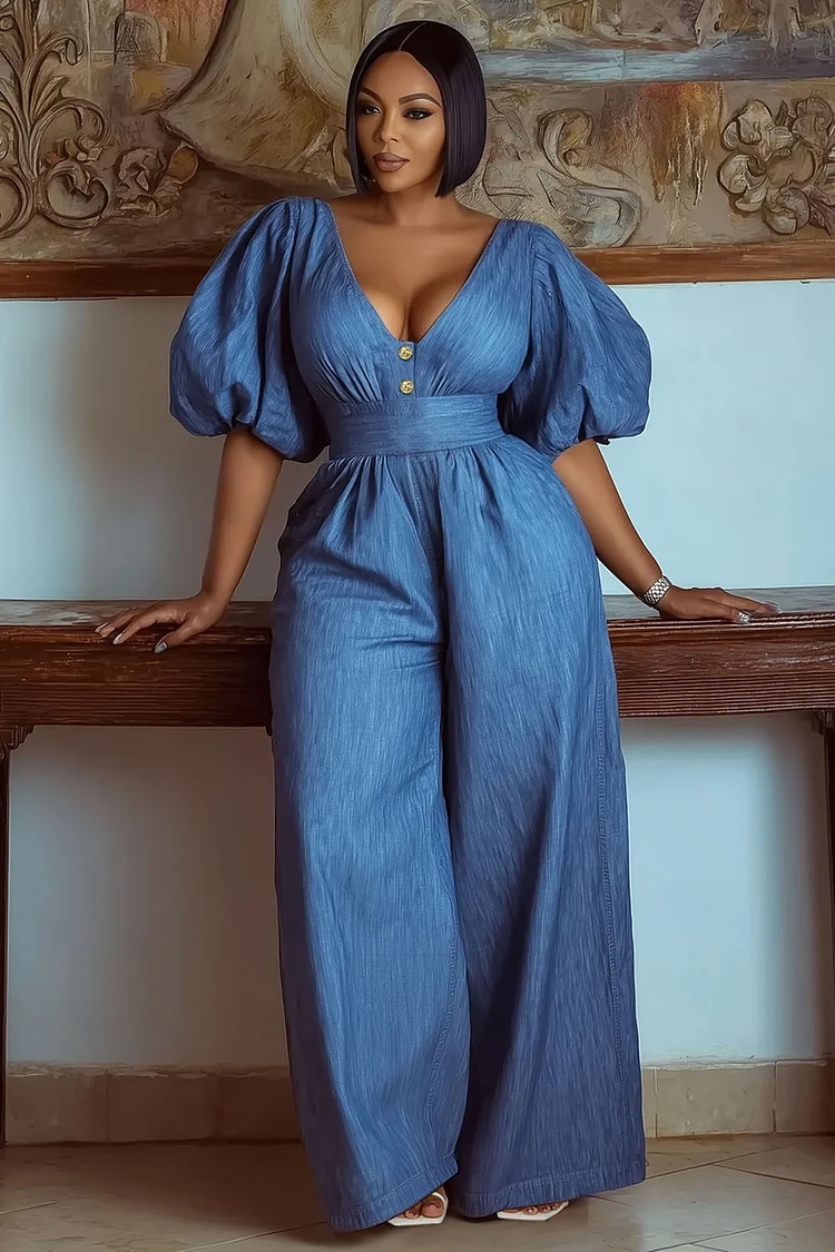 V Neck Puff Sleeve Cinched Waist Denim Wide Leg Jumpsuit-Blue [Pre Order]