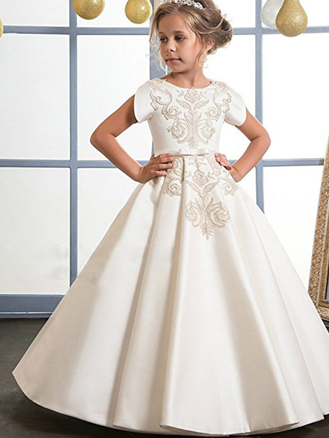 Oknass A-Line Short Sleeve Jewel Neck  Flower Girl Dresses Cotton With Pattern Print