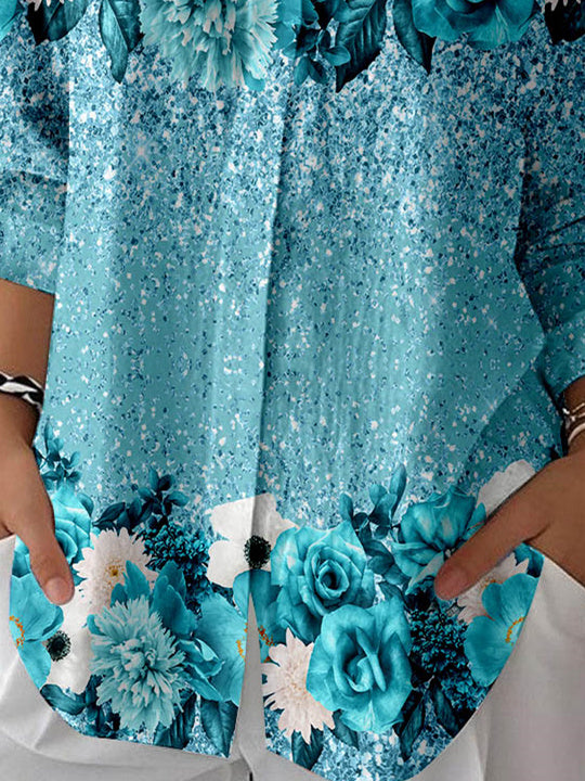 Women 3/4 Sleeve Shirt Collar Floral Printed Graphic Button Tops